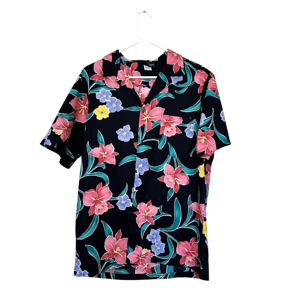 Vtg Mens Floral Hawaiian Shirt Black Multicolor Cotton Large Les Tropiques